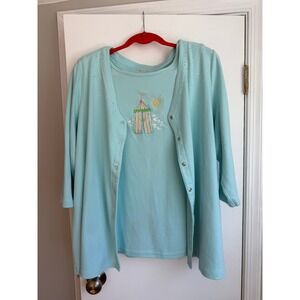 Quacker Factory Womens 2X Aqua Blue 2pc Cardigan Tank Set Rhinestone Beach Scene